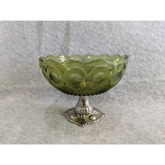 Antique‎ Geniune Olde World Genevieve Pattern Glass Bowl Metal Pedestal - Picture 1 of 9